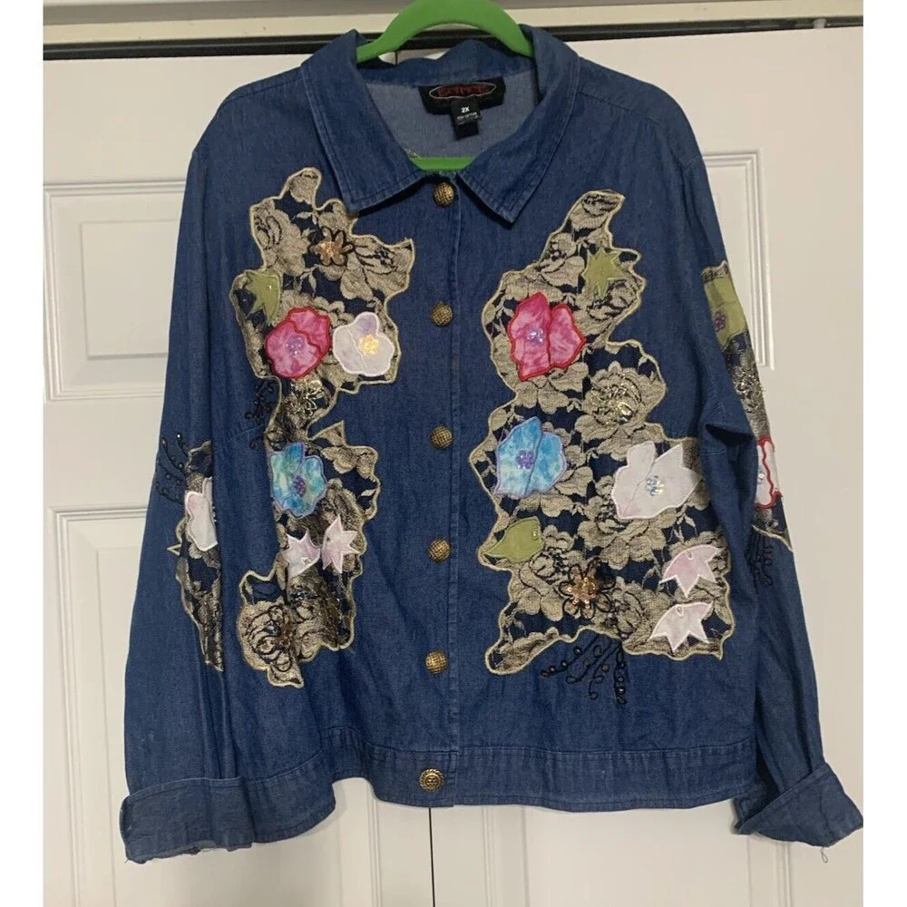 Vintage Entice Embroidered Artsy Wearable Art Floral Boho Denim Light Jacket 2X